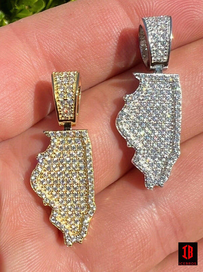 925 Silver Flag Illinois Chicago Shape Pendant Iced CZ Diamond White Gold - Flawless Karat