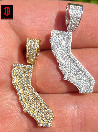 925 Silver HipHop California State Shape Pendant Iced CZ Diamonds 14K Gold - Flawless Karat