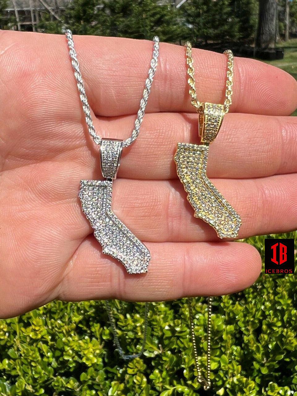 925 Silver HipHop California State Shape Pendant Iced CZ Diamonds 14K Gold - Flawless Karat