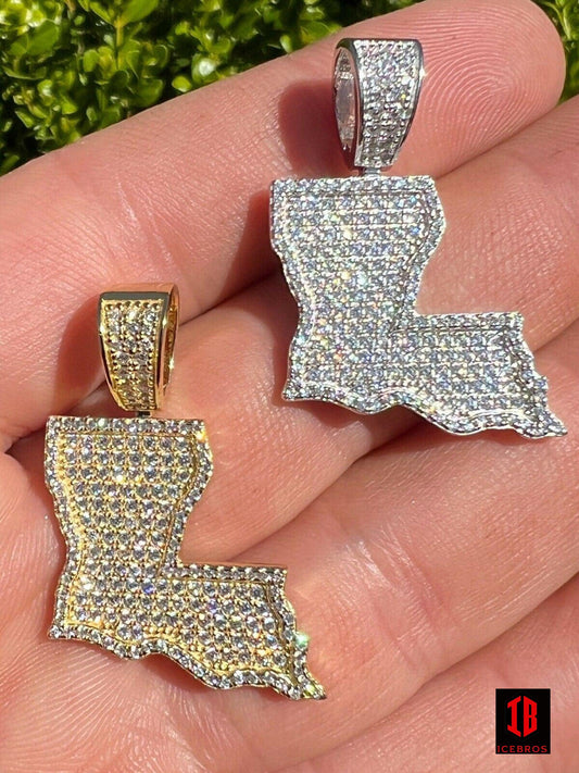 925 Silver Hip Hop Louisiana State Flag Shape Pendant Iced CZ Diamond Chain - Flawless Karat