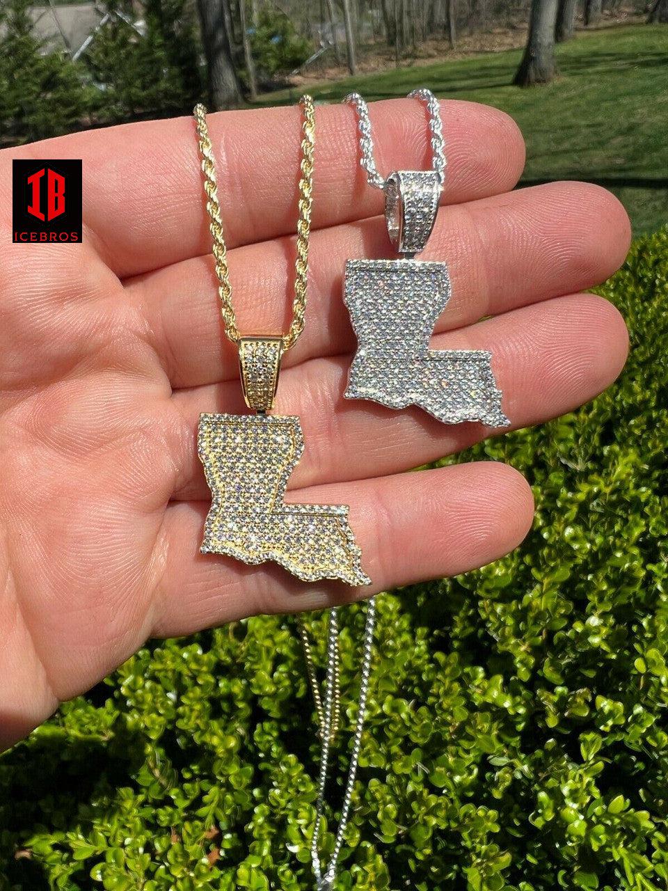 925 Silver Hip Hop Louisiana State Flag Shape Pendant Iced CZ Diamond Chain - Flawless Karat