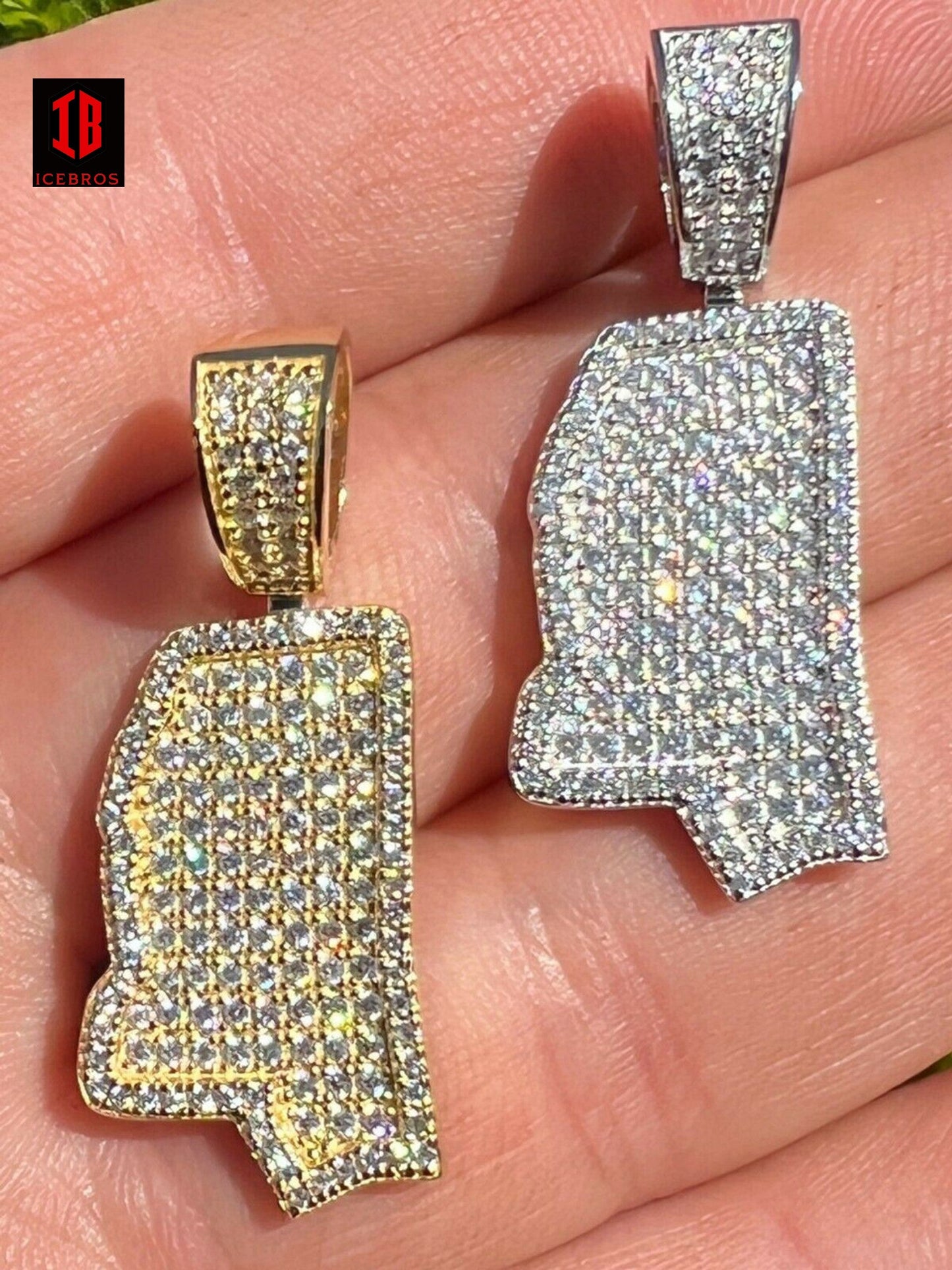 925 Silver Hip Hop Mississippi Shape Flag Pendant Iced CZ Diamond Necklace Gold - Flawless Karat