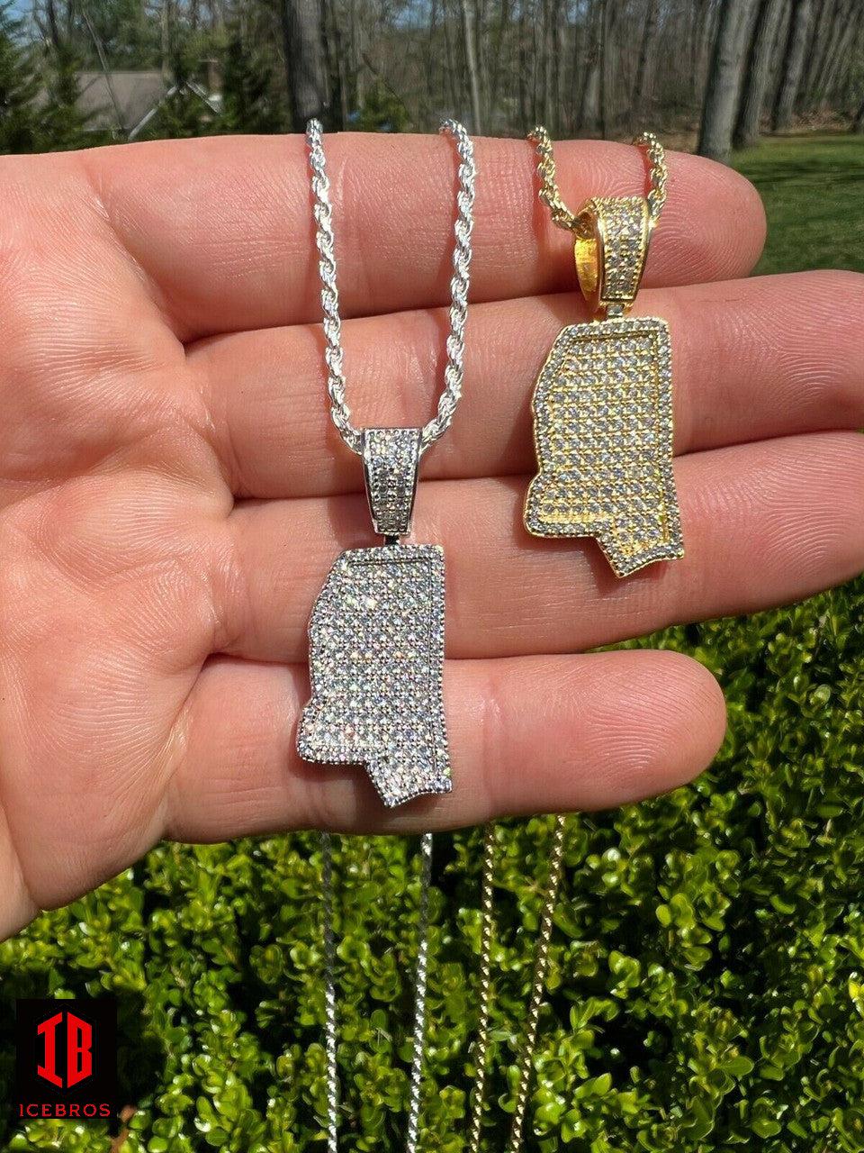 925 Silver Hip Hop Mississippi Shape Flag Pendant Iced CZ Diamond Necklace Gold - Flawless Karat