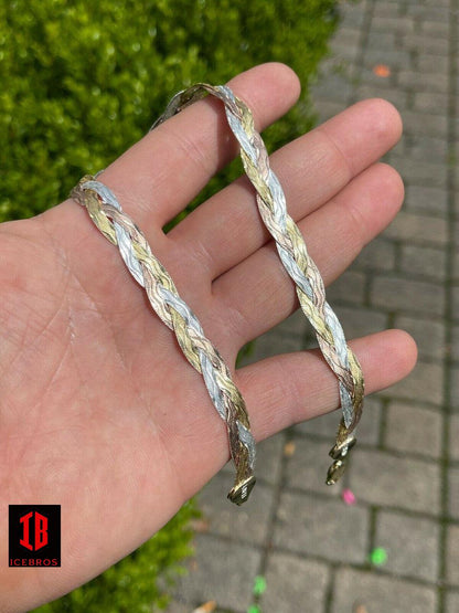 925 Silver Tri Color Yellow White Rose Gold Braided Herringbone Chain Necklace - Flawless Karat