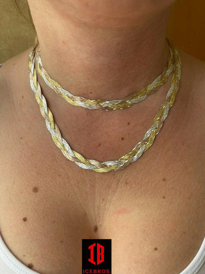 925 Silver Tri Color Yellow White Rose Gold Braided Herringbone Chain Necklace - Flawless Karat