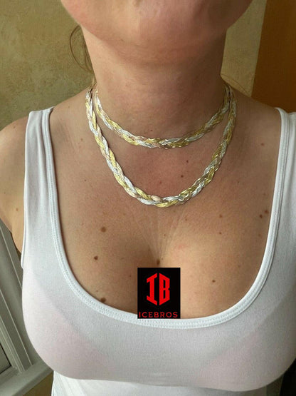 925 Silver Tri Color Yellow White Rose Gold Braided Herringbone Chain Necklace - Flawless Karat