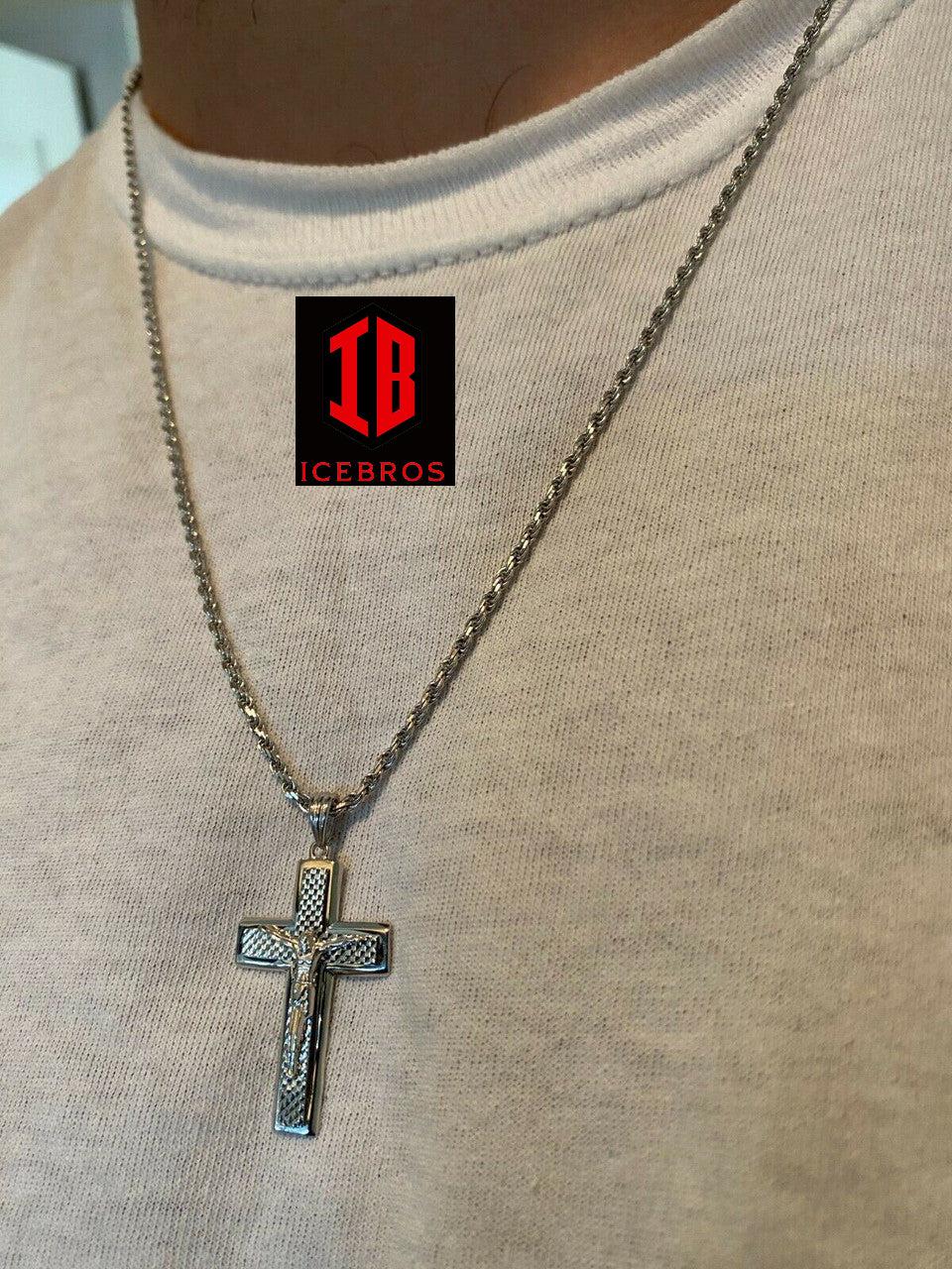 925 Sterling Italian Silver Illusion Jesus Plain 3d Cross Pendant Necklace - Flawless Karat