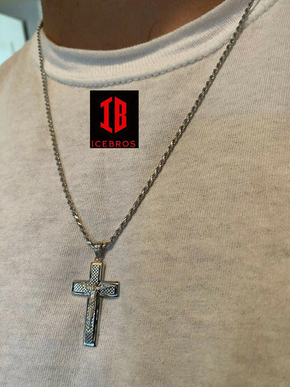 925 Sterling Italian Silver Illusion Jesus Plain 3d Cross Pendant Necklace - Flawless Karat