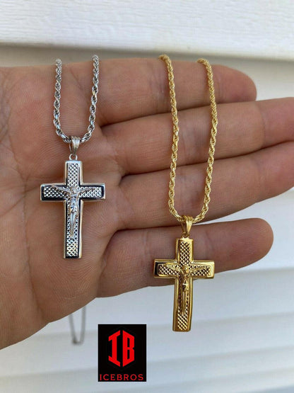 925 Sterling Italian Silver Illusion Jesus Plain 3d Cross Pendant Necklace - Flawless Karat