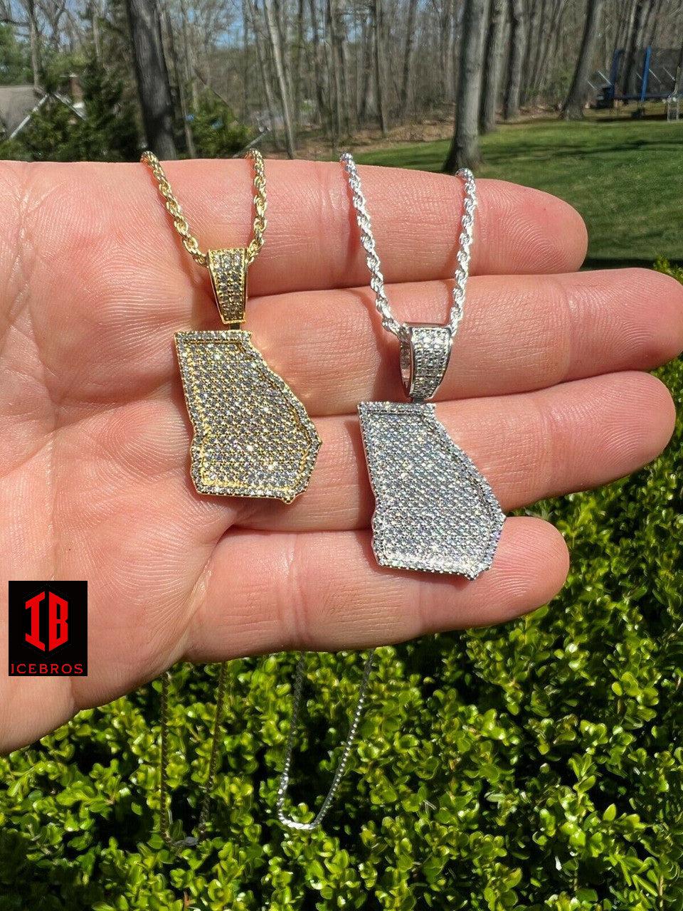 925 Sterling Silver Hip Hop Georgia Shape Flag Atlanta Pendant Iced CZ Diamond Necklace - Flawless Karat