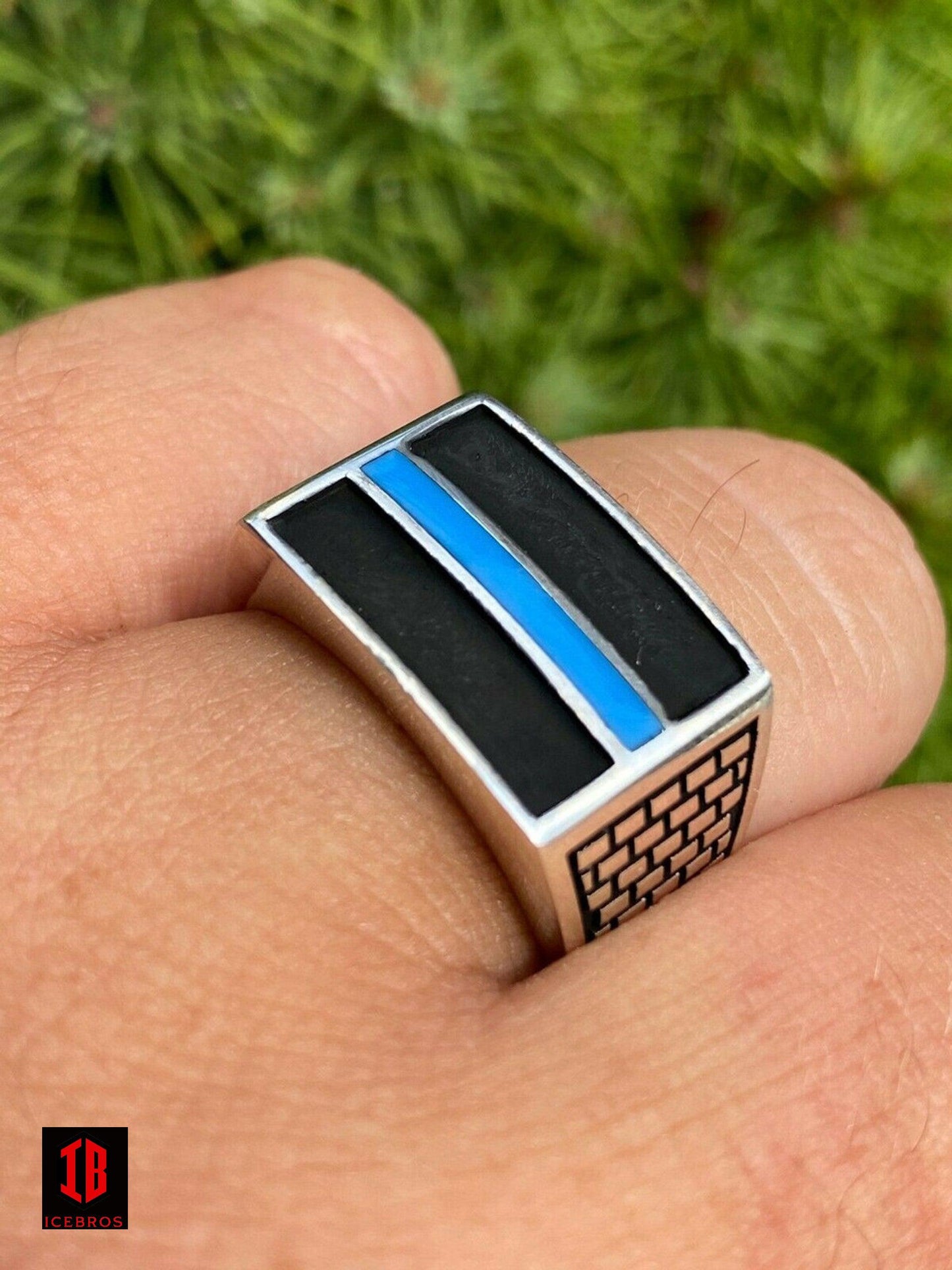 925 Sterling Silver Ring Blue Lives Matter Thin Enamel Blue Line Police Detective - Flawless Karat