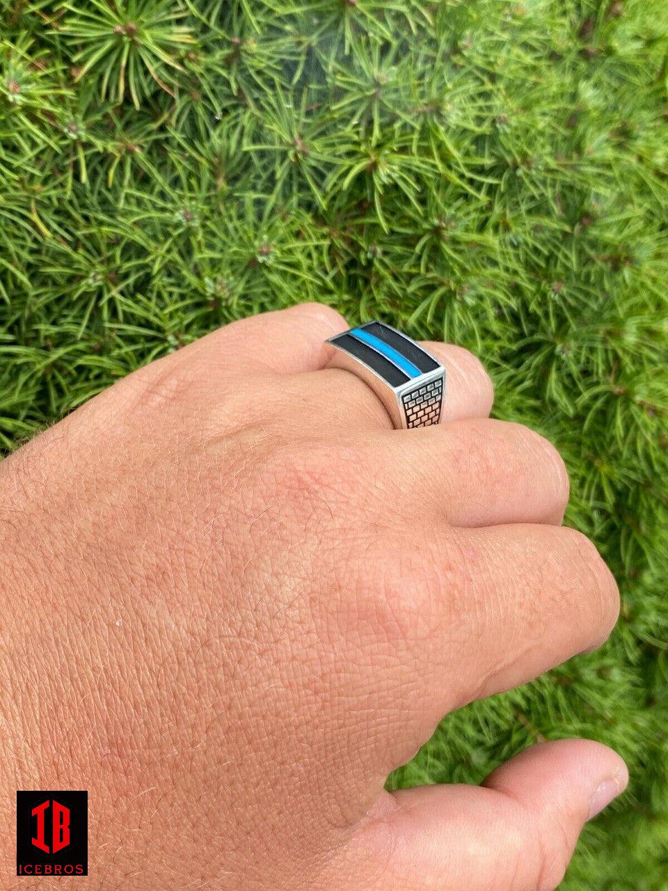 925 Sterling Silver Ring Blue Lives Matter Thin Enamel Blue Line Police Detective - Flawless Karat