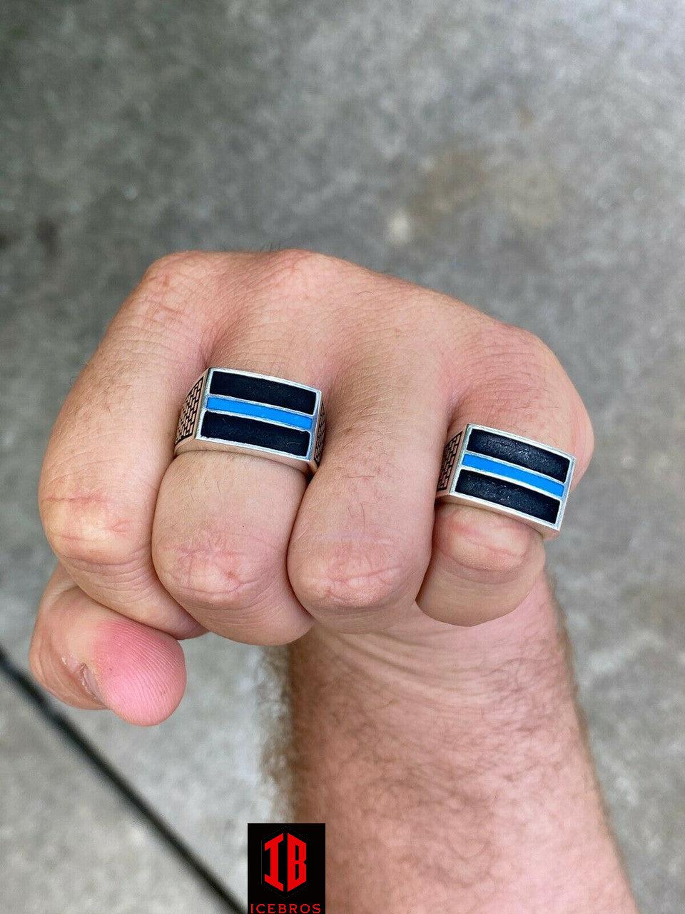 925 Sterling Silver Ring Blue Lives Matter Thin Enamel Blue Line Police Detective - Flawless Karat