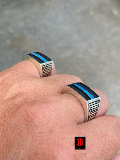 925 Sterling Silver Ring Blue Lives Matter Thin Enamel Blue Line Police Detective - Flawless Karat