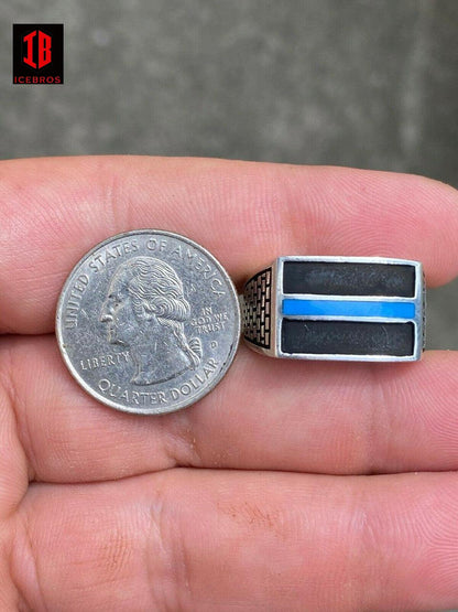 925 Sterling Silver Ring Blue Lives Matter Thin Enamel Blue Line Police Detective - Flawless Karat