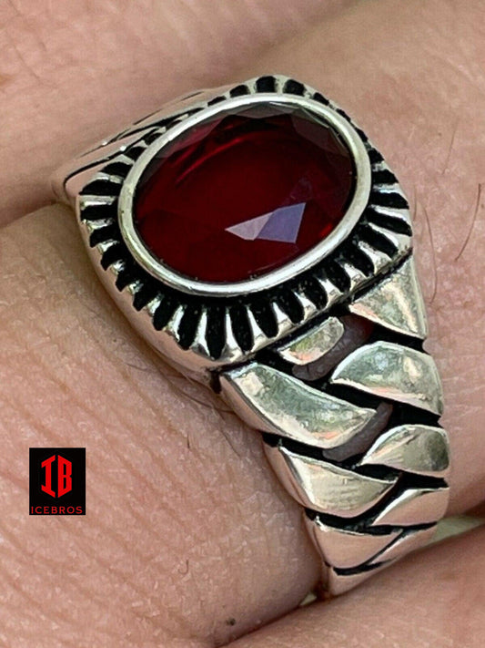 925 Sterling Silver Ruby Red Stone Ring Miami Vintage Cuban Link Band - Flawless Karat