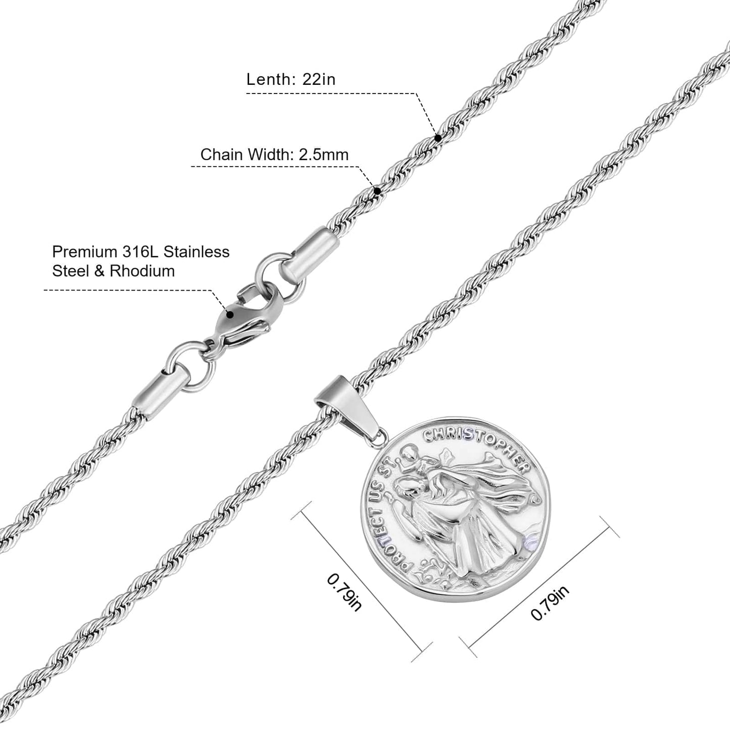 St Christopher Coin Pendant Necklace Stainless Steel 18K Gold Color with Rope Chain