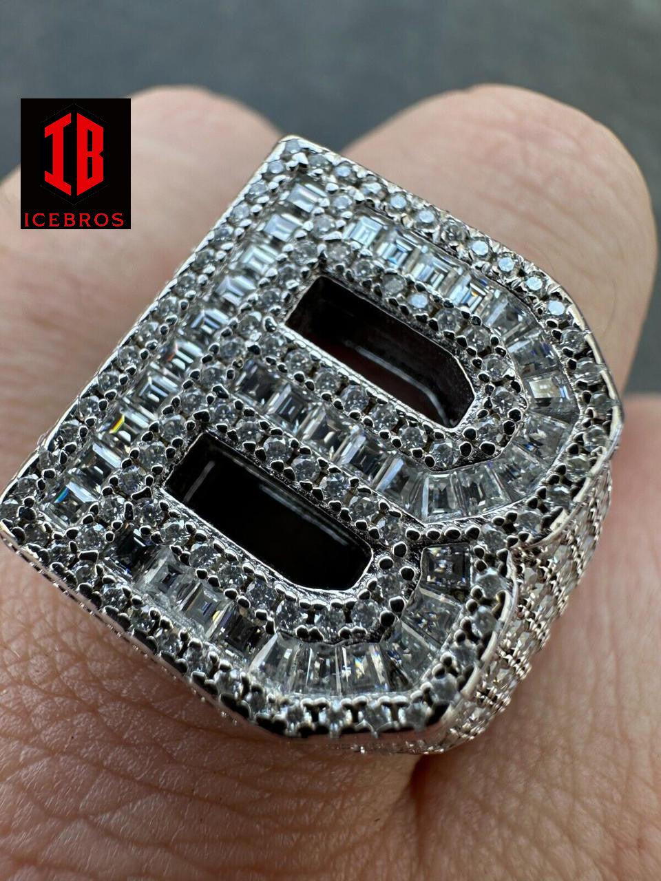 Alphabet MOISSANITE Large Initial Letter Ring Iced Baguette Hip Hop 925 Silver A-Z (11-13)