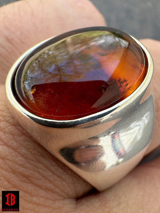 Big Vermeil Baltic Amber Stone Unisex 925 Sterling Silver Signet Ring - Flawless Karat