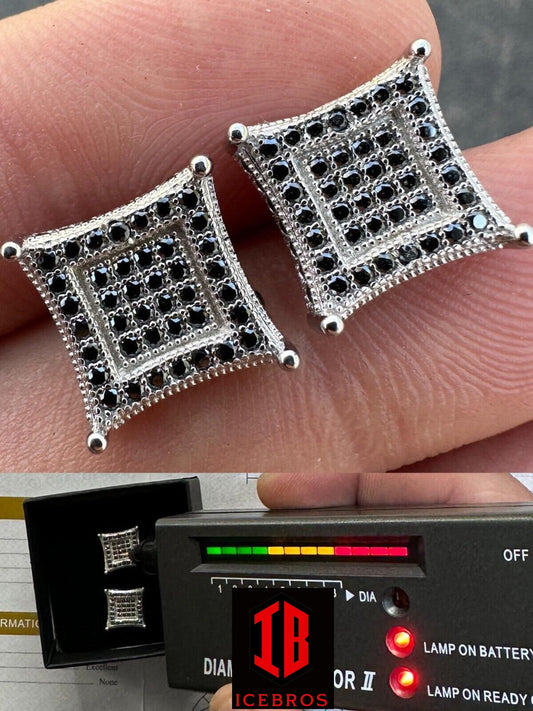 Black MOISSANITE 925 Silver Square Kite Earrings Hip Hop 10mm Passes Tester (White Gold)