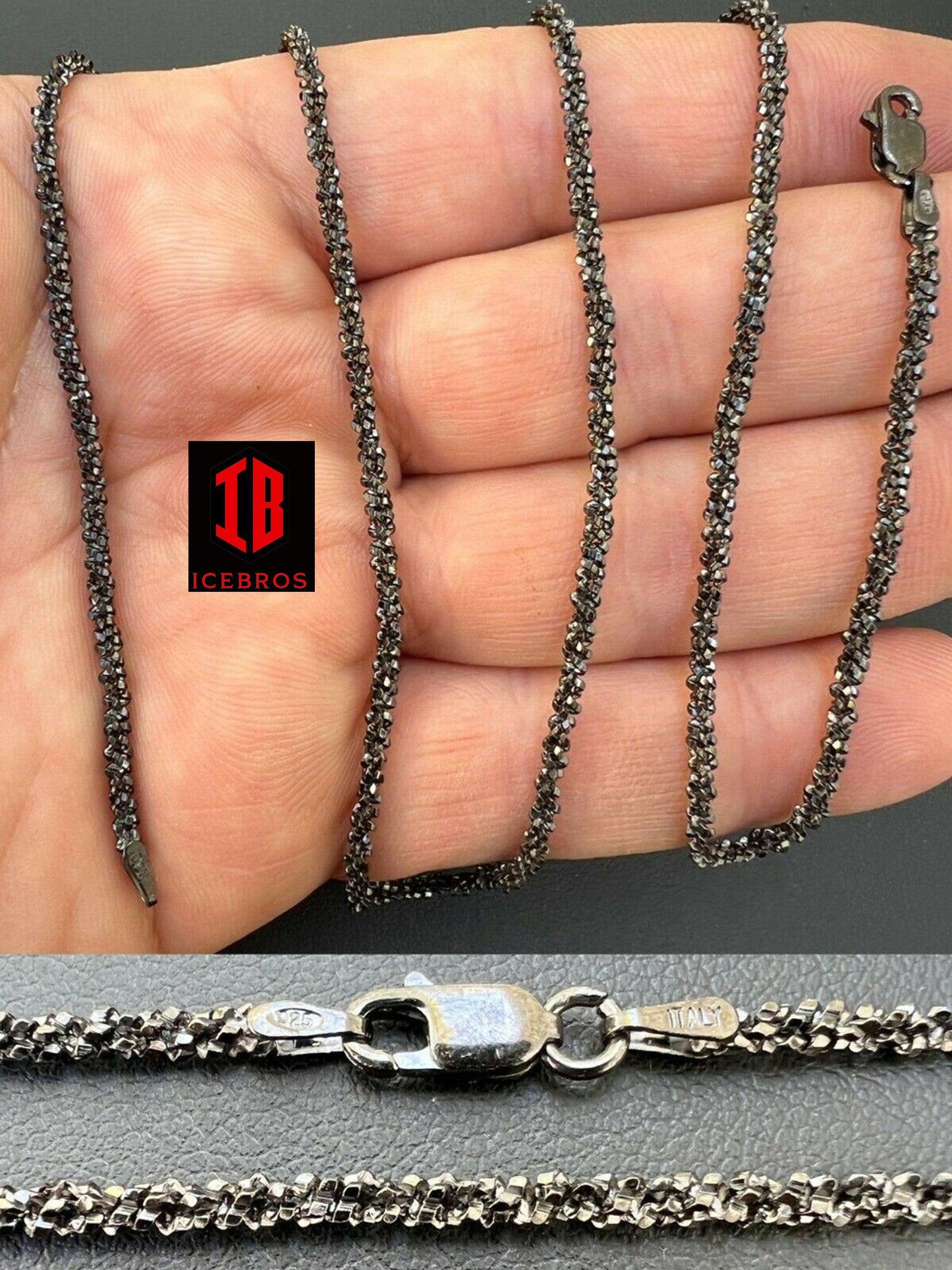 Black Rhodium Real 925 Silver Twisted Rock Sparkle Rope Chain Necklace 14-24inch (3mm)