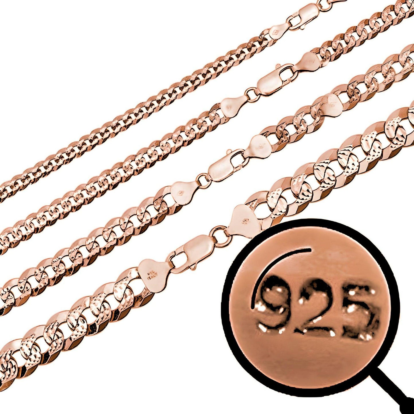 Cuban Link Chain 14k Rose Gold & Solid 925 Silver Diamond Cut Necklace (3-8mm)