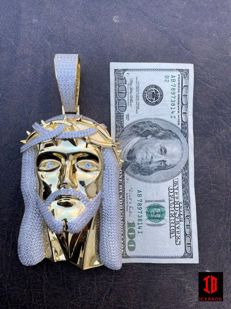 HUGE 6inch 450 Gram Vermeil 925 Sterling Silver Men Iced Jesus Piece Pendant Necklace - Flawless Karat