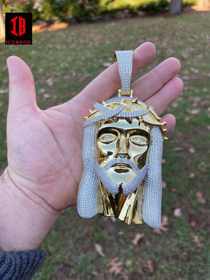 HUGE 6inch 450 Gram Vermeil 925 Sterling Silver Men Iced Jesus Piece Pendant Necklace - Flawless Karat