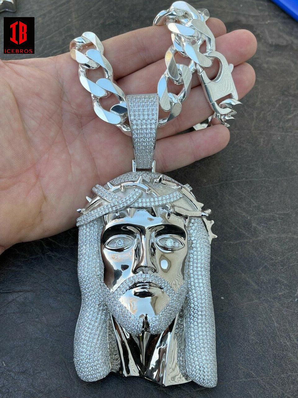 HUGE 6inch 450 Gram Vermeil 925 Sterling Silver Men Iced Jesus Piece Pendant Necklace - Flawless Karat