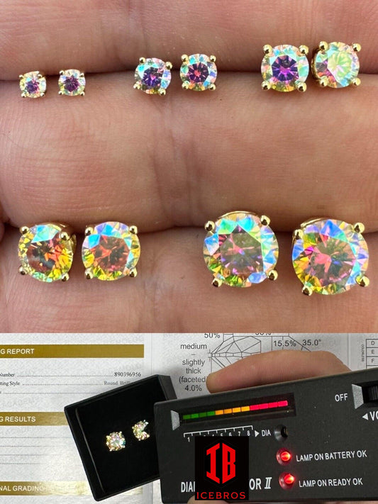 Hiphop Rainbow Opal Moissanite Screw back Stud Earrings 925 Sterling Silver 3-8mm