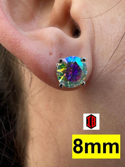 Hiphop Rainbow Opal Moissanite Screw back Stud Earrings 925 Sterling Silver 3-8mm - Flawless Karat