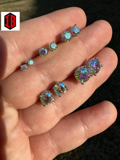 Hiphop Rainbow Opal Moissanite Screw back Stud Earrings 925 Sterling Silver 3-8mm - Flawless Karat