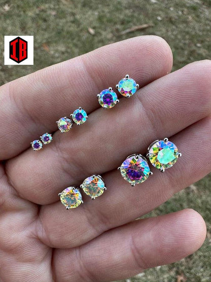 Hiphop Rainbow Opal Moissanite Screw back Stud Earrings 925 Sterling Silver 3-8mm - Flawless Karat