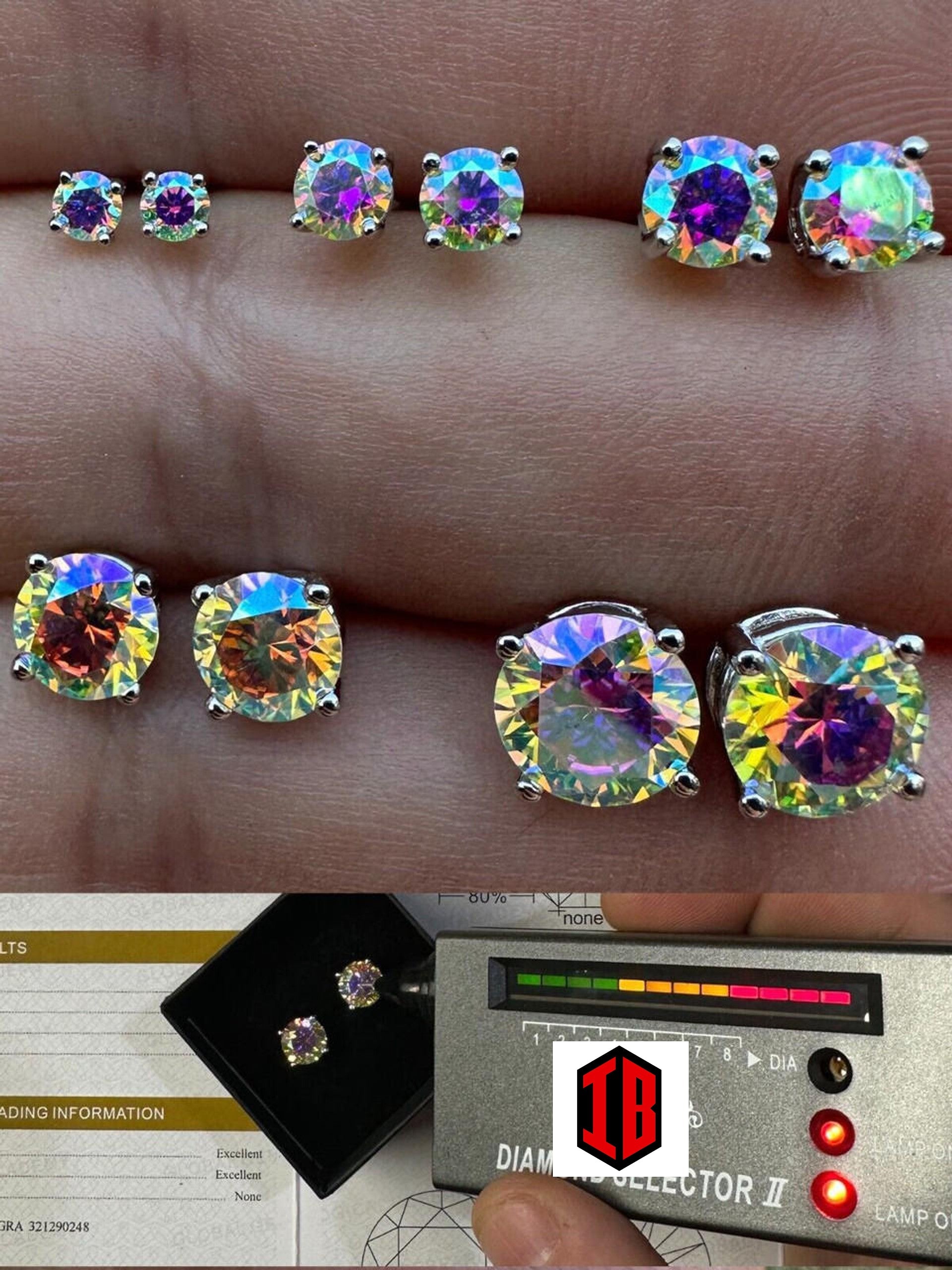 Hiphop Rainbow Opal Moissanite Screw back Stud Earrings 925 Sterling Silver 3-8mm - Flawless Karat