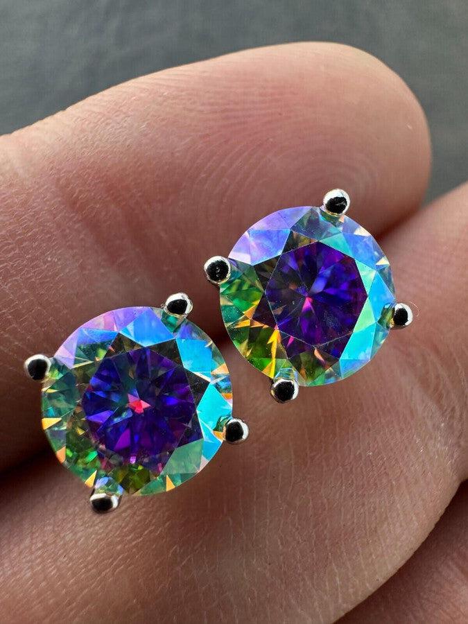 Hiphop Rainbow Opal Moissanite Screw back Stud Earrings 925 Sterling Silver 3-8mm - Flawless Karat