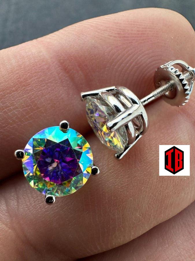 Hiphop Rainbow Opal Moissanite Screw back Stud Earrings 925 Sterling Silver 3-8mm - Flawless Karat