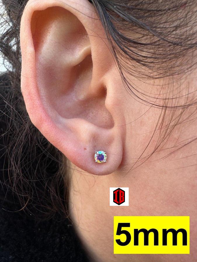 Hiphop Rainbow Opal Moissanite Screw back Stud Earrings 925 Sterling Silver 3-8mm - Flawless Karat