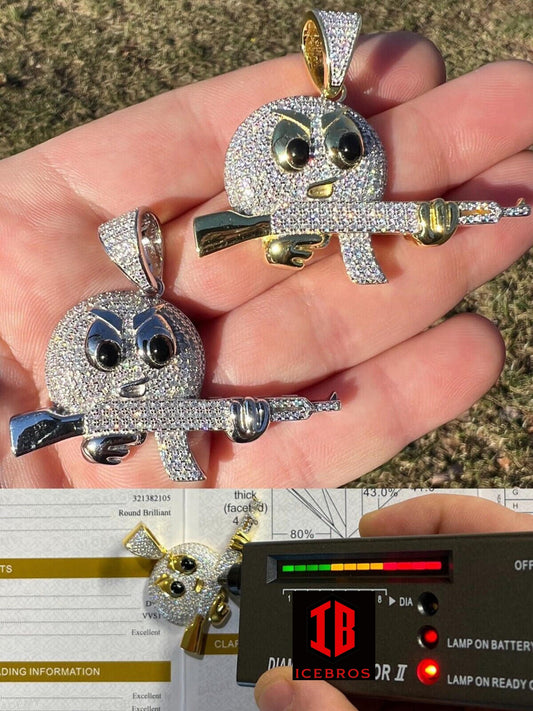 MOISSANITE Solid 925 Sterling Silver Angry Mad Emoji W. AK47 Gun Necklace Passes Diamond Test