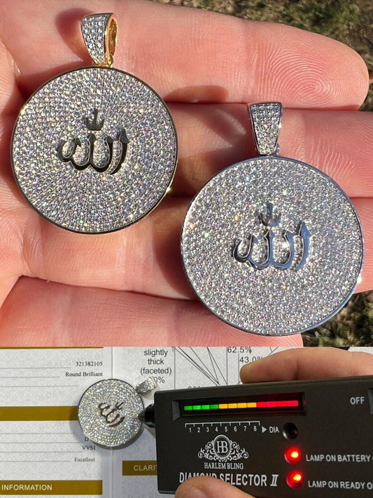 MOISSANITE Real 925 Sterling Silver Gold Allah Medallion Islamic Necklace Passes Diamond Test - Flawless Karat