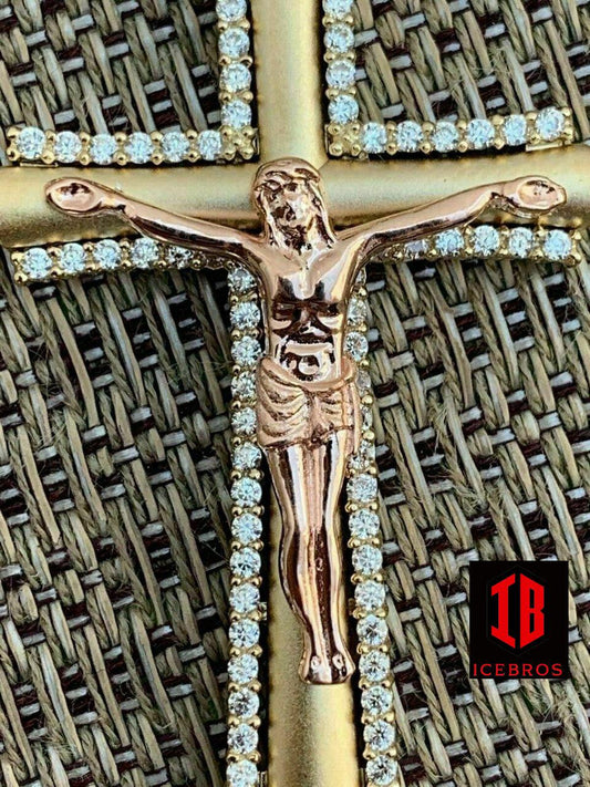 Men's 14k Yellow Gold Over 925 Silver Cross 3D Two Tone Jesus Pendant Necklace