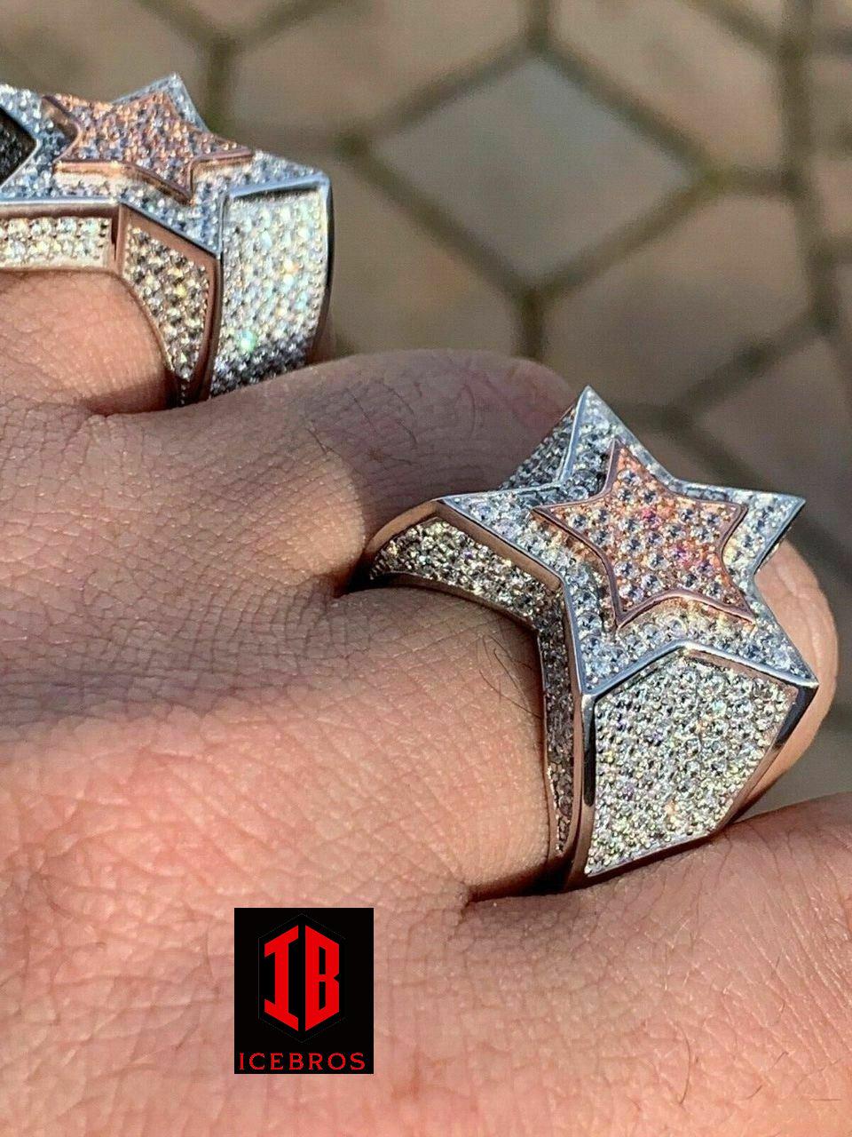 Men's Hip Hop 3D STAR Solid Rose Gold & 925 Silver Diamond Pinky RING Real (CZ)