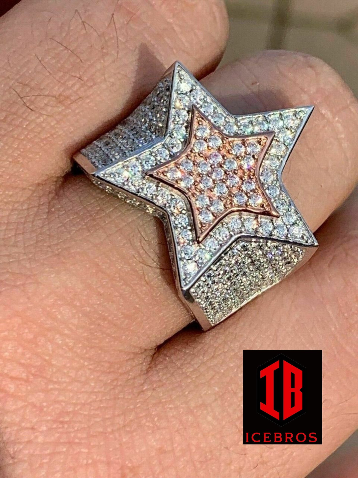 Men's Hip Hop 3D STAR Solid Rose Gold & 925 Silver Diamond Pinky RING Real (CZ)