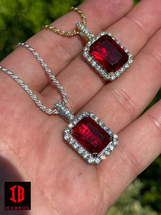 Men's Hip Hop Iced Moissanite Red Ruby Sapphire Emerald Topaz Charm Pendant Necklace 925 Sterling Silver - Flawless Karat