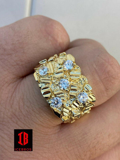 Men's Solid 925 Sterling Silver - 14k Gold Finish Diamond Nugget Ring 7-13 (CZ)