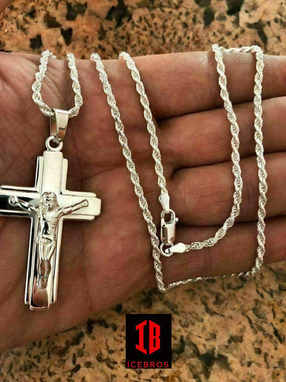 Men's Sterling Silver Jesus Lined 3D Crucifix Cross Pendant 2.25x1.25”