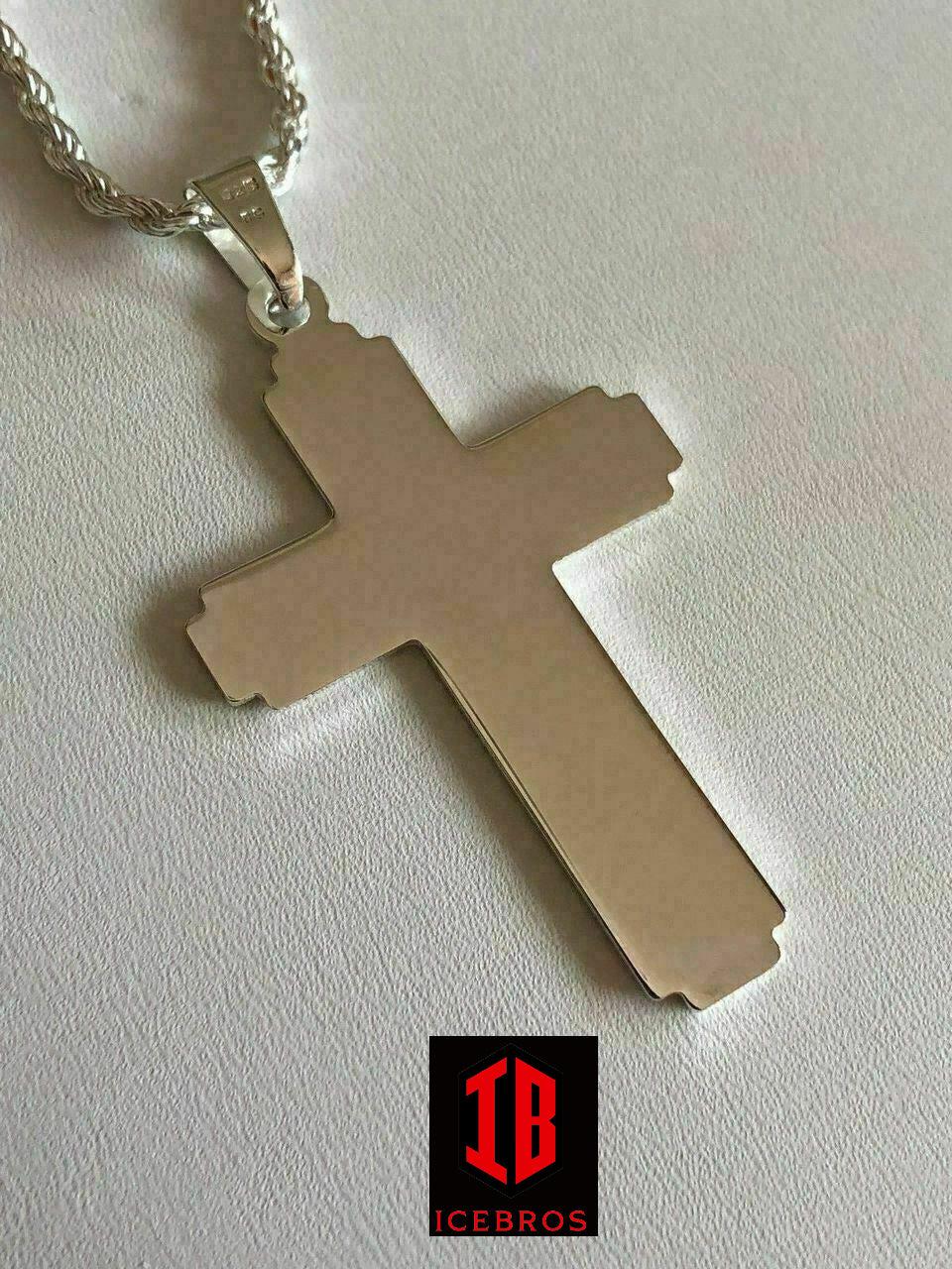 Men's Sterling Silver Jesus Lined 3D Crucifix Cross Pendant 2.25x1.25”