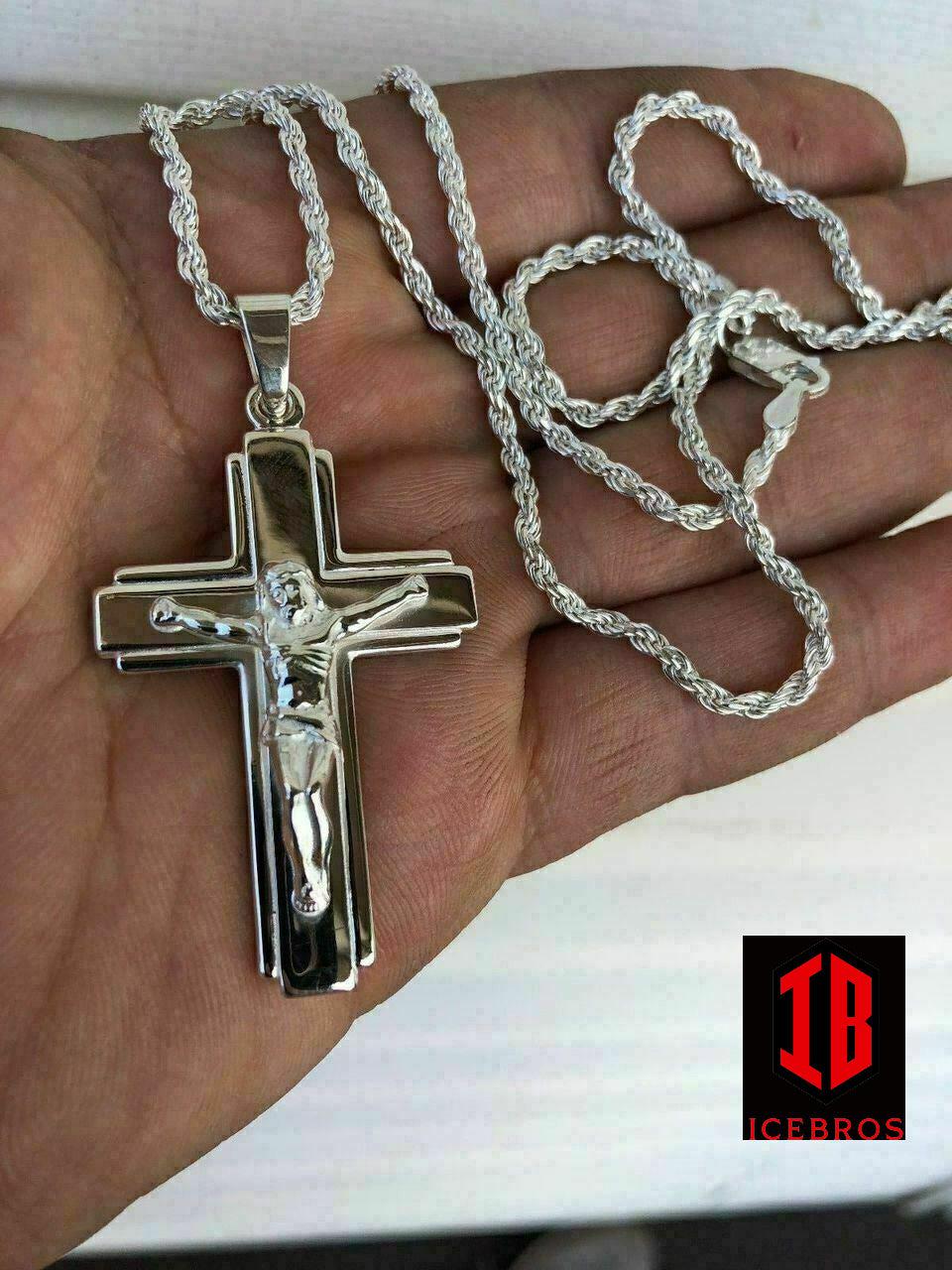 Men's Sterling Silver Jesus Lined 3D Crucifix Cross Pendant 2.25x1.25”