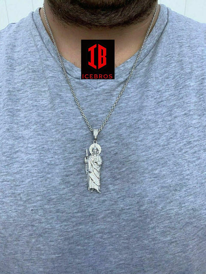 Men's Vermeil 925 Sterling Silver St Jude San Judas Tadeo Iced Pendant Real Saint