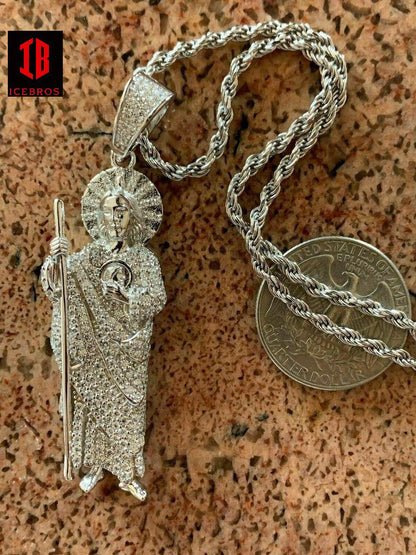 Men's Vermeil 925 Sterling Silver St Jude San Judas Tadeo Iced Pendant Real Saint