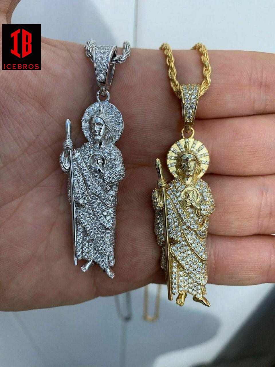 Men's Vermeil 925 Sterling Silver St Jude San Judas Tadeo Iced Pendant Real Saint